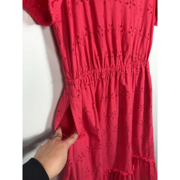 J. Crew Midi Dress Women's 8 Pink V Neck Puff Sleeve Eyelet Tiered Feminine - Picture 4 of 13